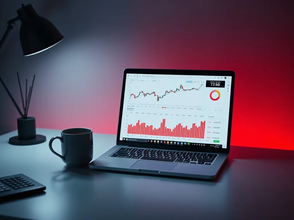 A minimalist workspace with a laptop showing financial chart