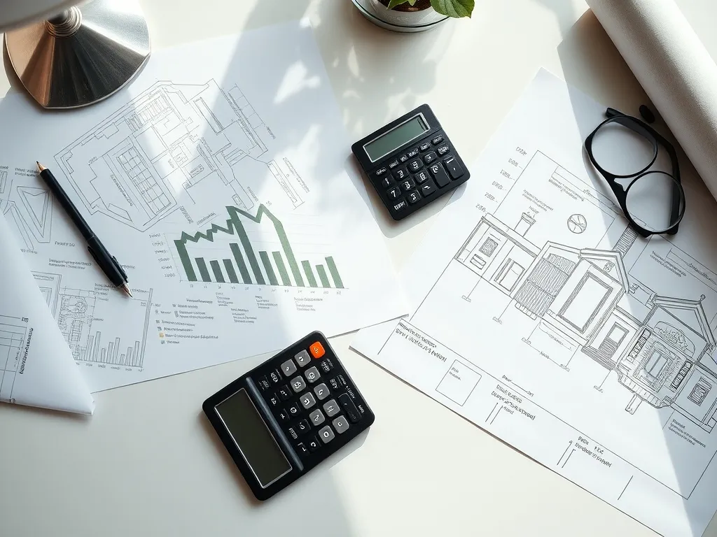Detailed financial documents, a calculator, and architectura