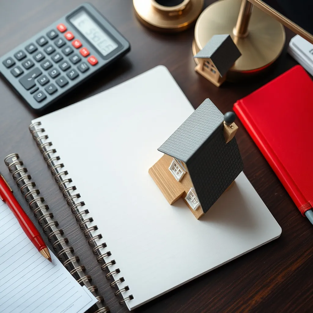 A professional desk with a calculator, notebook, and a small