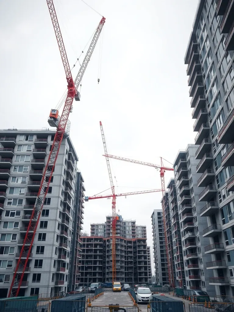 Modern residential construction site in Wroclaw, cranes, con
